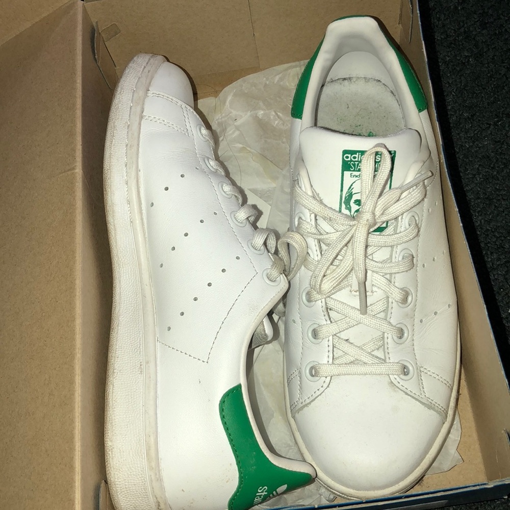 White and green Adidas Stan Smiths
